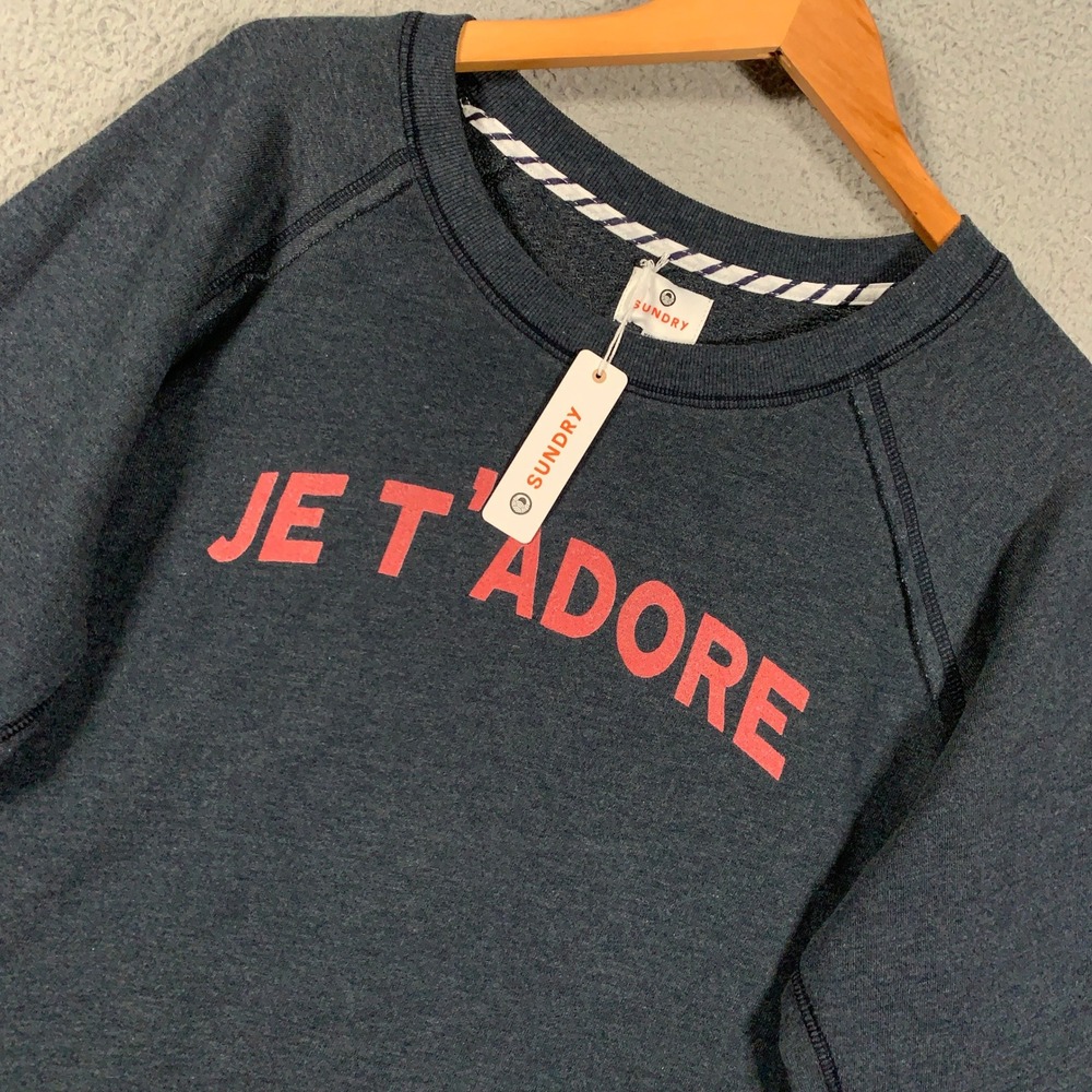 Sundry Je T'adore  Sweatshirt Womens XL Navy Blue Raglan Sleeve Pullover Graphic